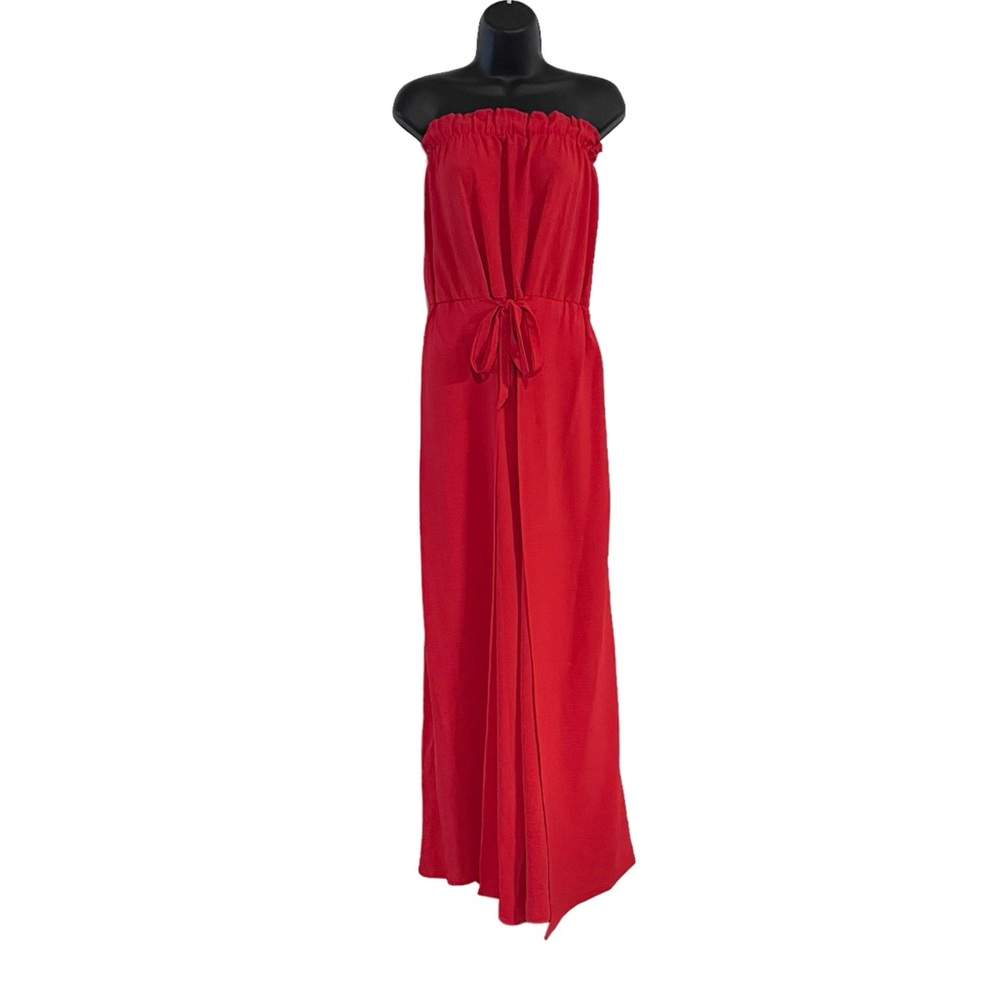 Chrysanthemum Red Strapless Wide Leg Jumpsuit